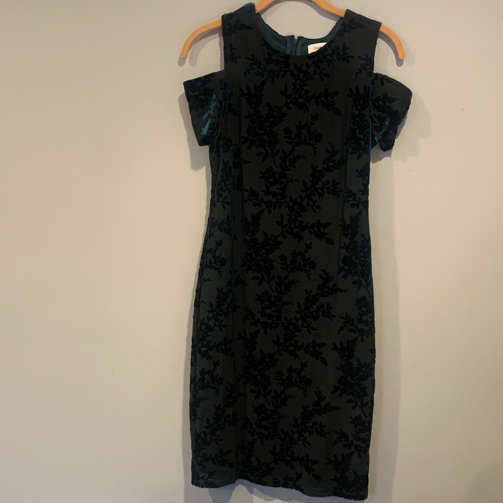 Calvin Klein Green Velvet Floral Burnout Cold Shoulder Midi Dress